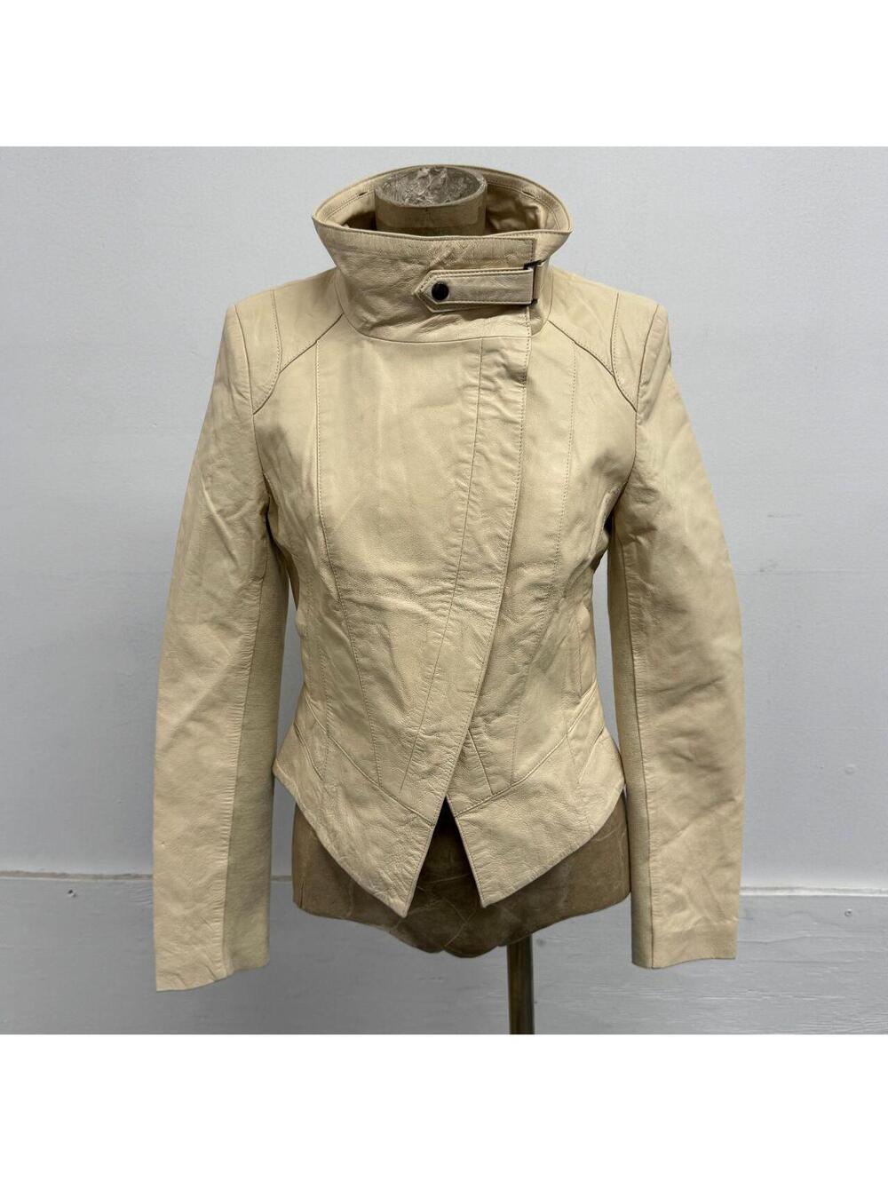 Vintage Cream Funnel Neck Asymmetric Avant Garde Leather Jacket